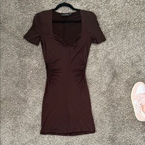 Brown Mini Slinky Short Sleeve Dress